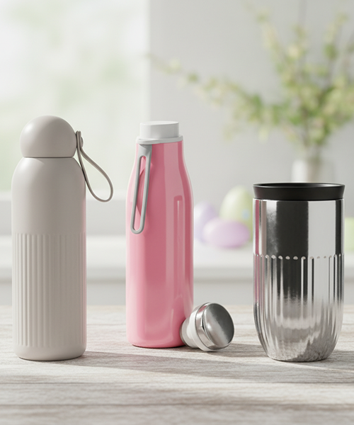 3 vattenflaskor i olika färger på ett bord.